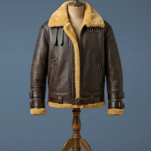 Men B6 RAF Aviator Real Shearling Brown Sheepskin Leather Flight Bomber Double Collar Jacket, front view