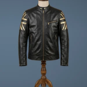 MEN BIKER VINTAGE MOTORCYCLE CAFE RACER BLACK REAL LEATHER JACKET WITH UK FLAG, front view