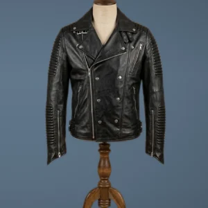 Men Black Cafe Racer Marlon Brando Slimfit Retro Motorcycle Black Leather Jacket, front view