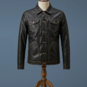 Men Vintage Cafe Racer Slimfit Motorcycle Retro Levis Shirt Black Leather Jacket, front view
