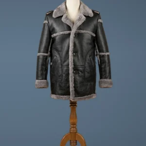 Men’s Anti Grey Fur Black Real Sheepskin Bomber Leather Duffle Coat, front view