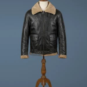 Men’s Arnold Schwarzenegger Aviator RAF B6 Shearling Real Sheepskin Black Leather Bomber Jacket, front view