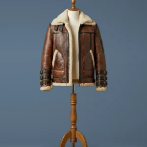 sheepskin brown leather bomber jacket front view