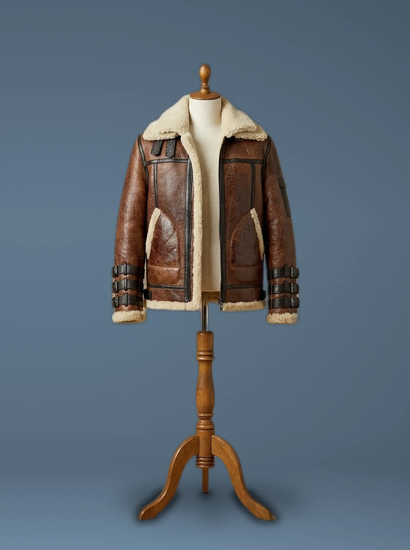 Men’s Aviator RAF B3 Shearling Real Sheepskin Brown Leather Bomber Jacket, front view