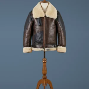 Men’s Aviator USAF Real Sheepskin Shearling Black Brown Leather Bomber Pilot Jacket, front view