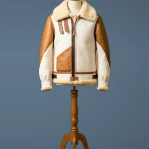 Men’s Aviator USAF Real Sheepskin Shearling White Leather Bomber Pilot Jacket, front view