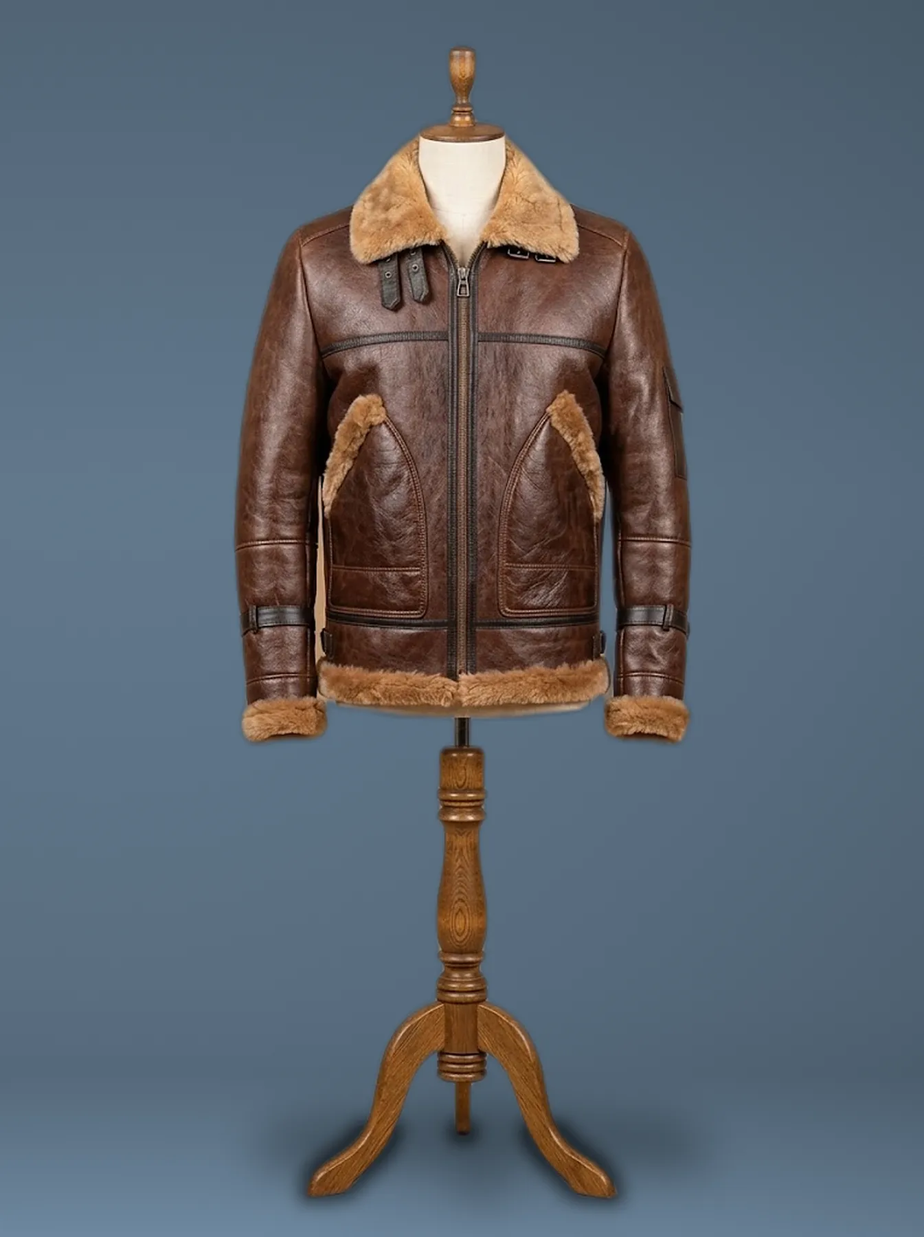 brown sheepskin tan leather jacket front view