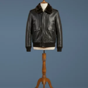 Men’s B3 Bomber Aviator A2 Pilot Police Sheepskin Fur Collar Black Leather Jacket, front view