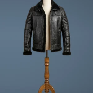 Men’s B3 Bomber Aviator Black Fur Sheepskin Shearling Leather Jacket, front view
