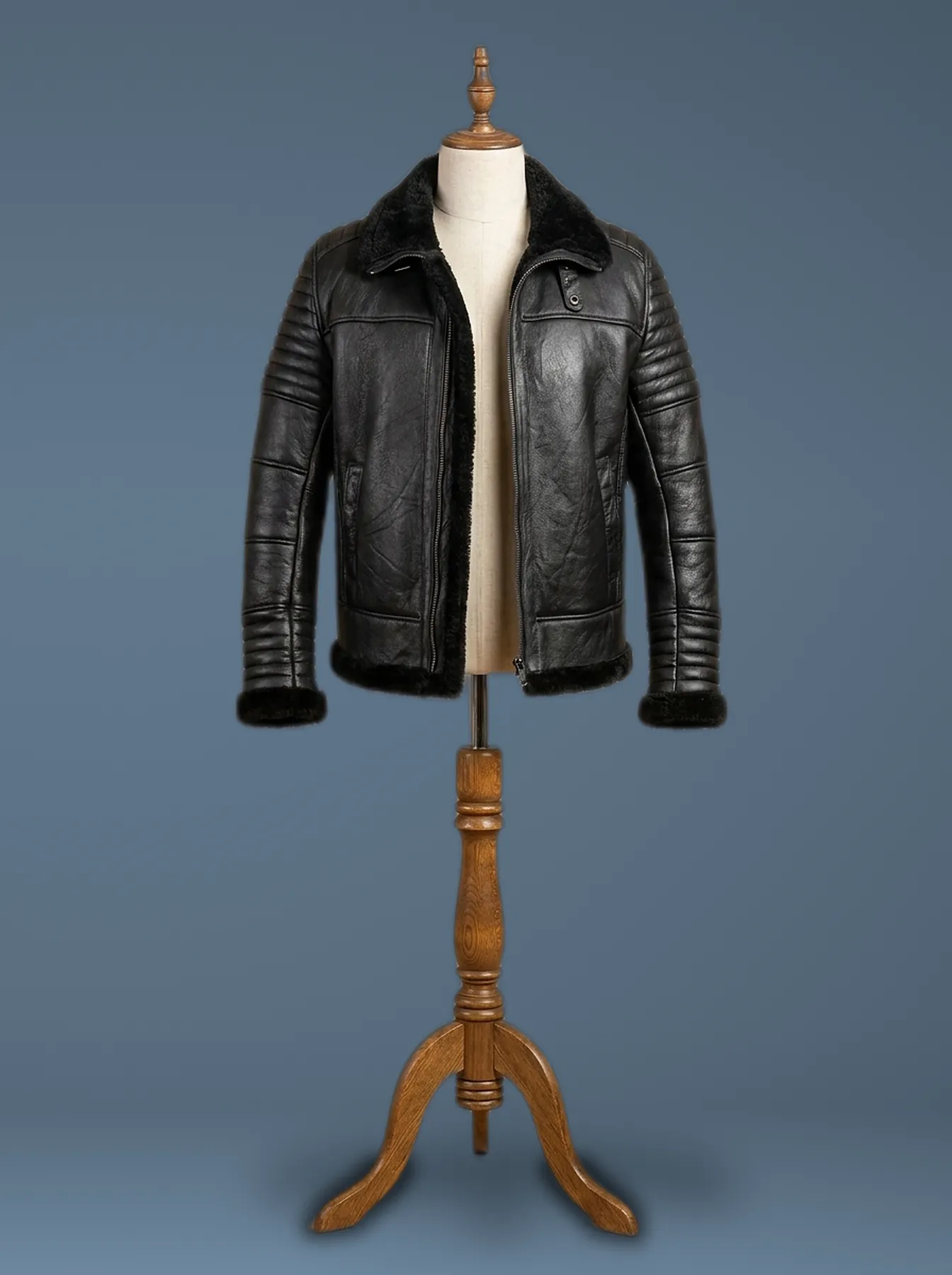Men’s B3 Bomber Aviator Black Fur Sheepskin Shearling Leather Jacket, front view