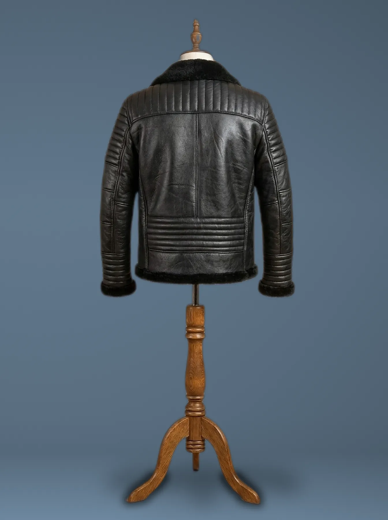 Men’s B3 Bomber Aviator Black Fur Sheepskin Shearling Leather Jacket, back view