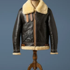 Mens B3 Bomber Aviator Pilot Flight RAF Real Sheepskin Shearling Black Leather Jacket, front view