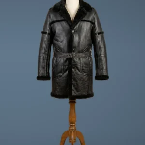 Men’s B3 Bomber Aviator WWII Pilot Police Sheepskin Black Leather Duffle Safari Coat, front view