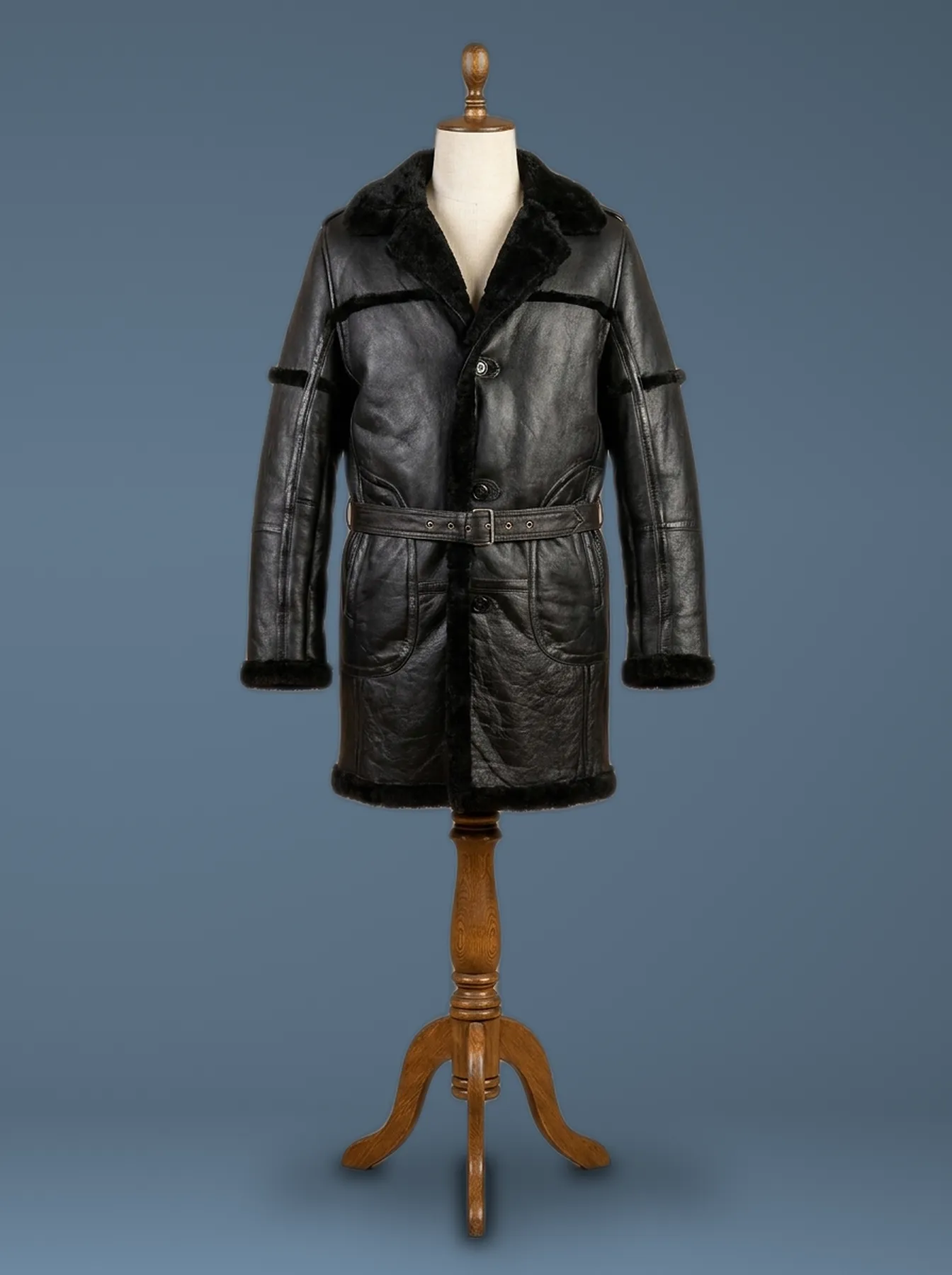 sheepskin black leather duffle safari coat front view