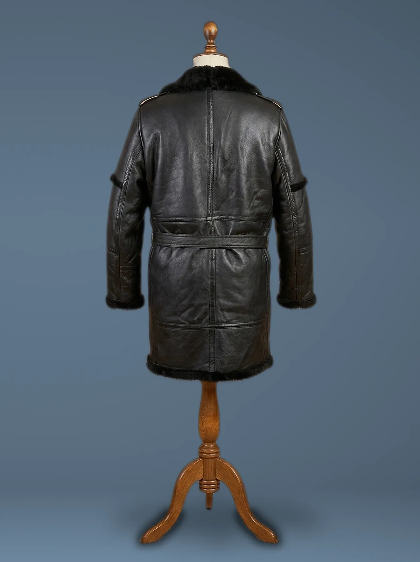 sheepskin black leather duffle safari coat back view