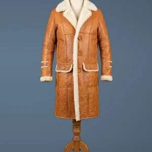 Men’s B3 Bomber Aviator WWII Pilot Police Sheepskin Tan Leather Duffle Coat, front view