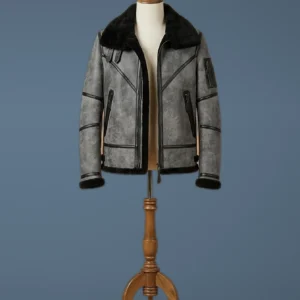 Men’s B3 Bomber Aviator WWII Pilot Real Sheepskin Shearling Grey Leather Jacket, front view