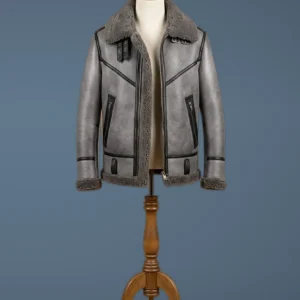 Men’s B3 Bomber Aviator WWII Pilot Real Sheepskin Shearling Silver Leather Jacket, front view
