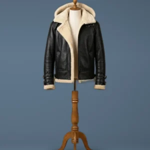 Men’s B3 Bomber Full Fur Removable Hood SheepSkin Shearling Black Leather Jacket, front view