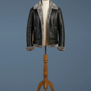 Men’s B3 Bomber Pilot Aviator RAF Real Sheepskin Grey Shearling Black Leather Jacket, front view