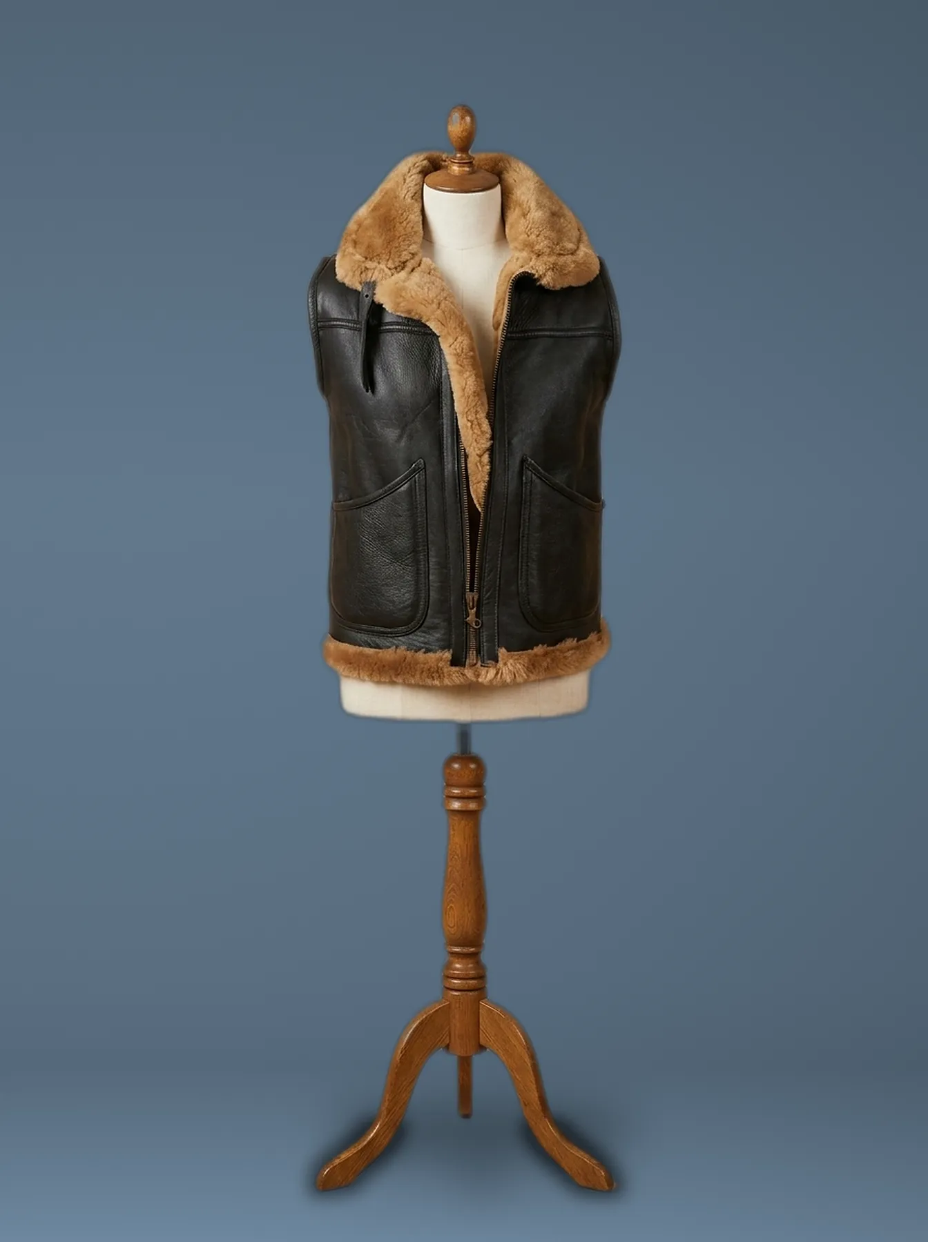 shearling pilot aviator brown leather vest front view