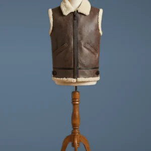Men’s B3 Bomber Real Sheepskin Shearling Pilot RAF Brown Leather Vest, front view