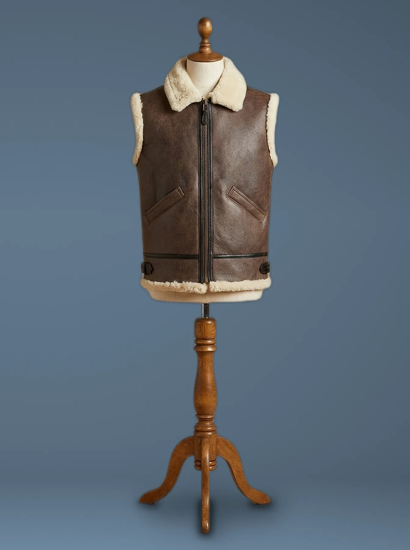 pilot RAF brown leather vest front view