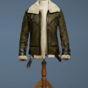 Men’s B3 Bomber USAF Dukin Green Real Sheepskin Shearling Leather Jacket, front view