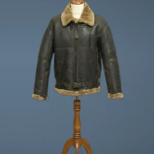 Men’s B3 Bomber USAF WWII Pilot Real Sheepskin Shearling Black Leather Jacket, front view
