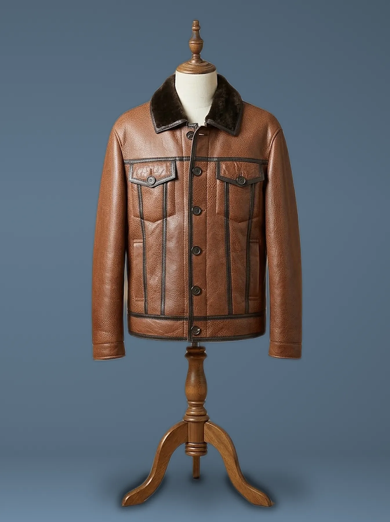 sheepskin shearling tan leather jacket front view