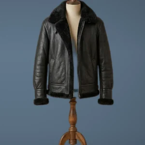 Mens B3 USAF Aviator Real Shearling Black Sheepskin Leather Flight Bomber Jacket, front view