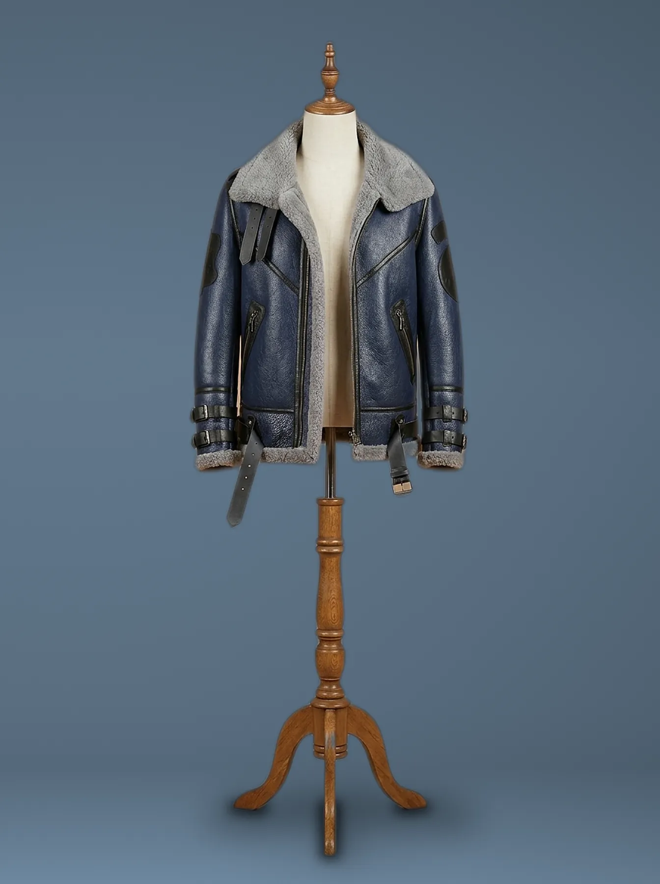 Men’s B6 Bomber Aviator RAF Real Sheepskin Grey Shearling Blue Leather Jacket, front view