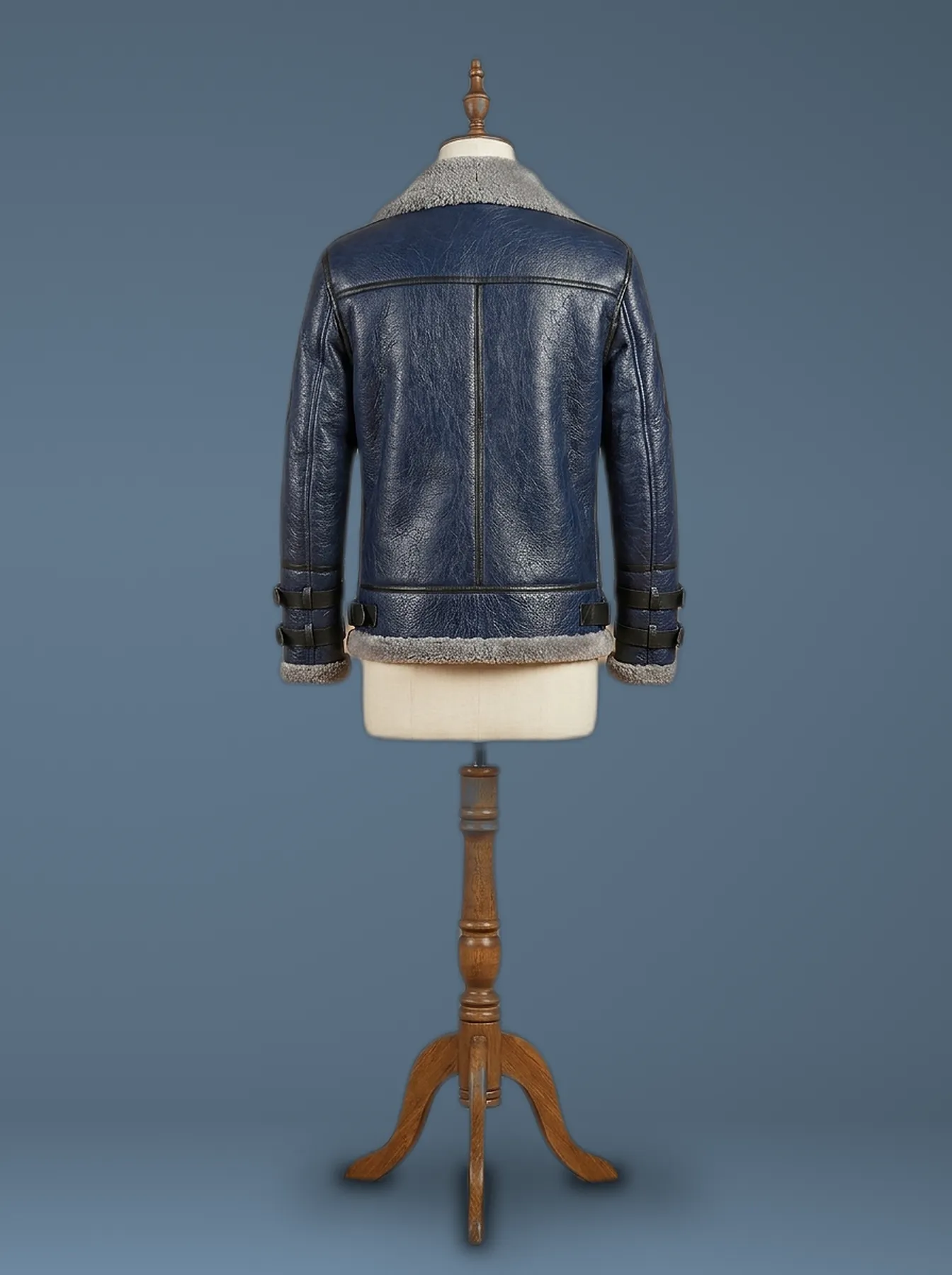 Men’s B6 Bomber Aviator RAF Real Sheepskin Grey Shearling Blue Leather Jacket, back view