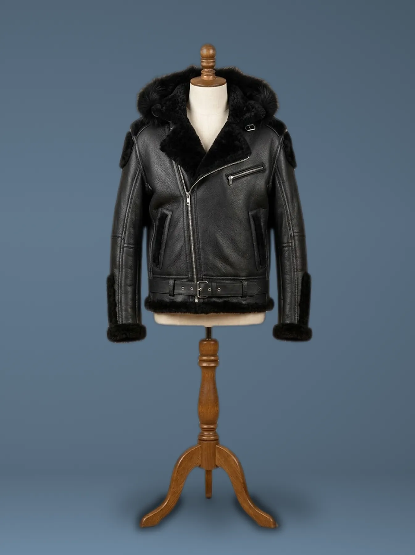 Men’s B6 Bomber Real Duty Sheepskin Shearling Leather Black Jacket, front view