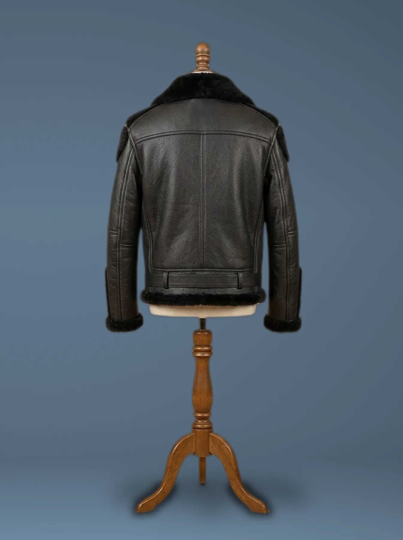 Men’s B6 Bomber Real Duty Sheepskin Shearling Leather Black Jacket, back view
