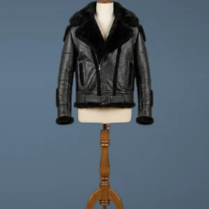 Men’s B6 Bomber Real Sheepskin Shearling Leather Raccoon Black Jacket, front view