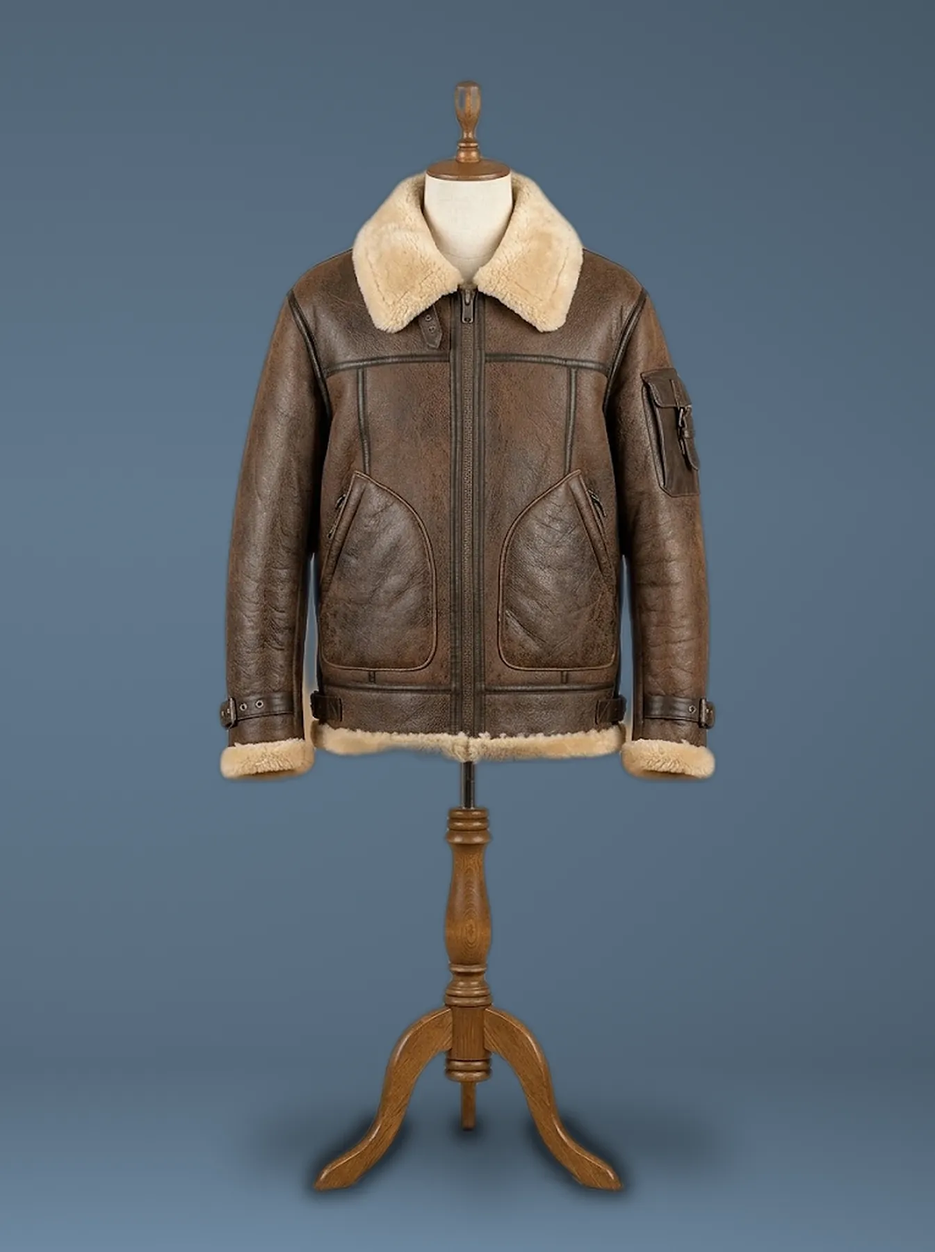 Men’s B6 RAF Bomber Aviator Real Sheepskin Shearling Brown Leather Jacket, front view