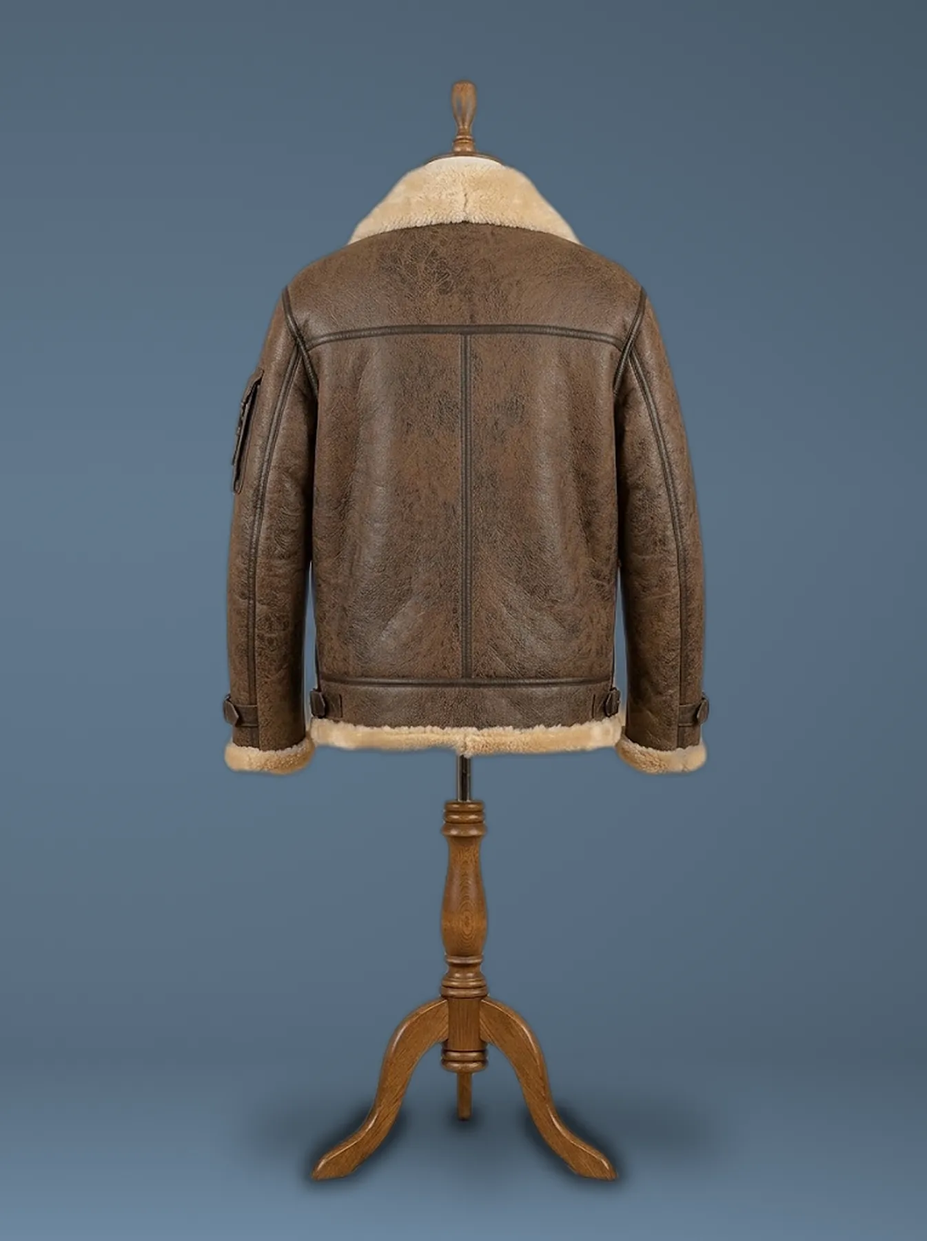 Men’s B6 RAF Bomber Aviator Real Sheepskin Shearling Brown Leather Jacket, back view