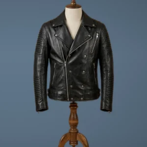 Men’s Biker Cafe Racer Brando Slim Fit Retro Motorcycle Black Leather Jacket, front view