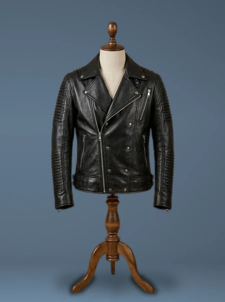 retro motorcycle black leather jacket front view