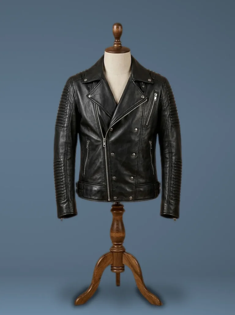 retro motorcycle black leather jacket front view