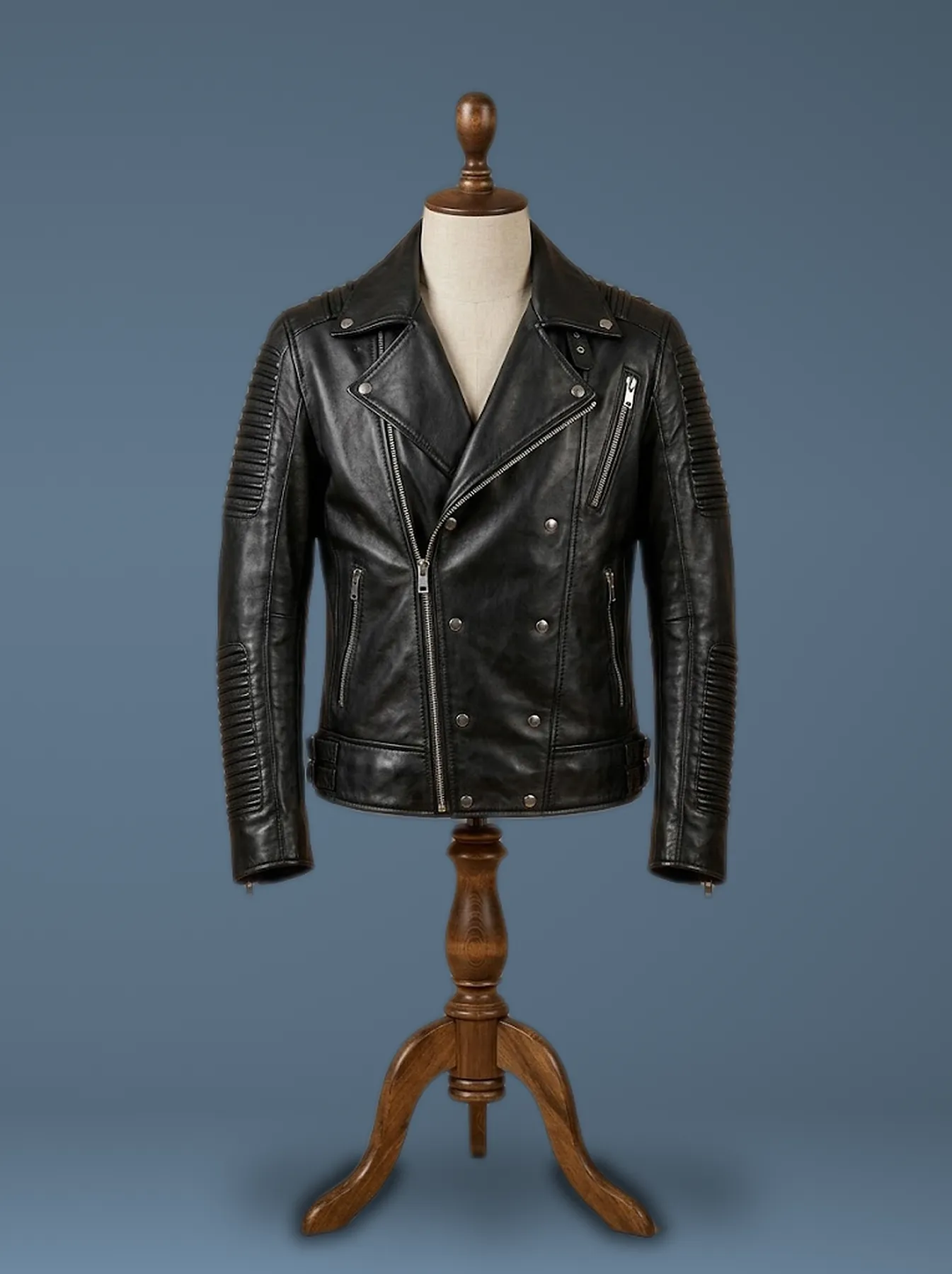 Men’s Biker Cafe Racer Brando Slim Fit Retro Motorcycle Black Leather Jacket, front view
