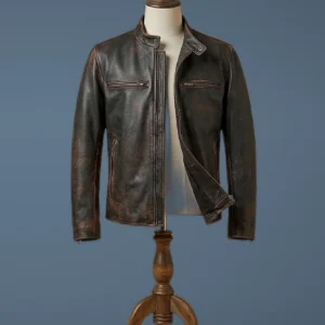 Mens Biker Cafe Racer Motorcycle Vintage Distressed Retro Black Leather Jacket, front view