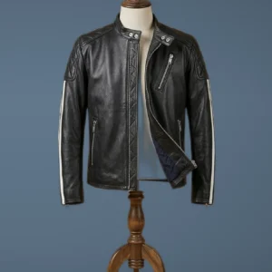 Mens Biker Cafe Racer Quilted Motorcycle Retro White Strips Black Leather Jacket, front view