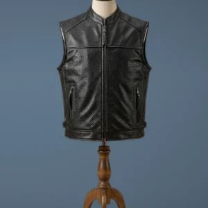 Mens Biker Cafe Racer Slim Fit Motorcycle Vintage Black Leather Perforated Vest, front view
