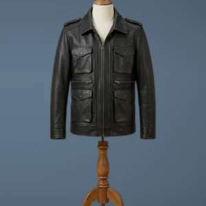 Men’s Biker Cafe Racer Vintage Pocket Slim Fit Black Leather Jacket, front view