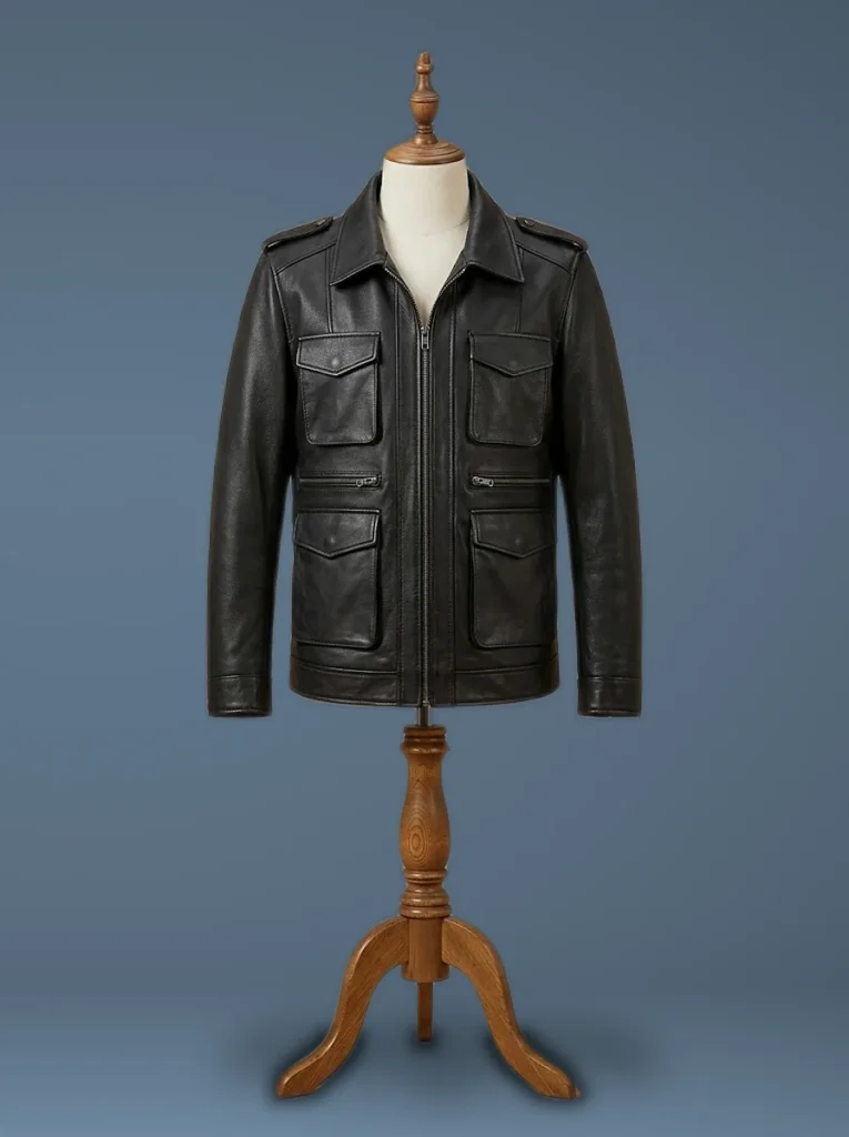 slim fit black leather jacket front view