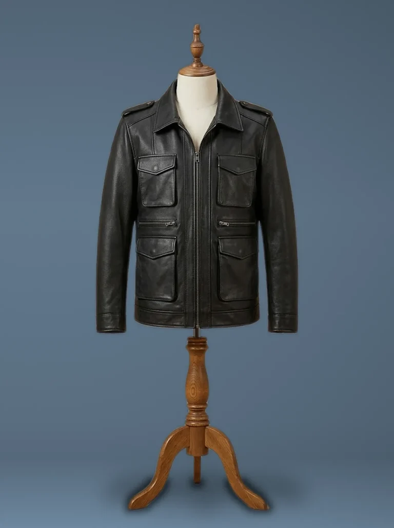 slim fit black leather jacket front view