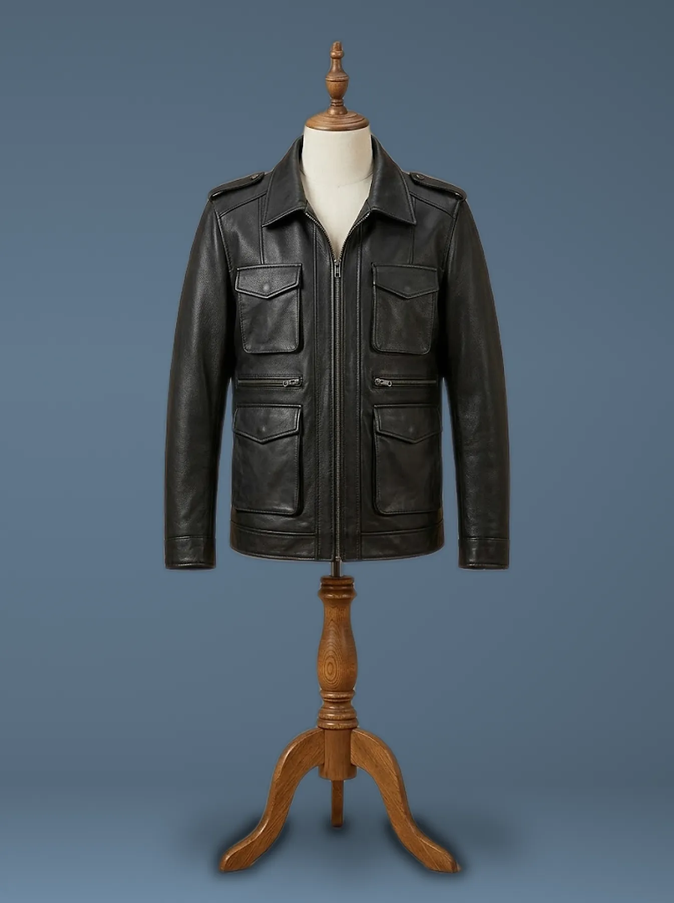 Black leather cafe racer jacket showing a close leather jacket size