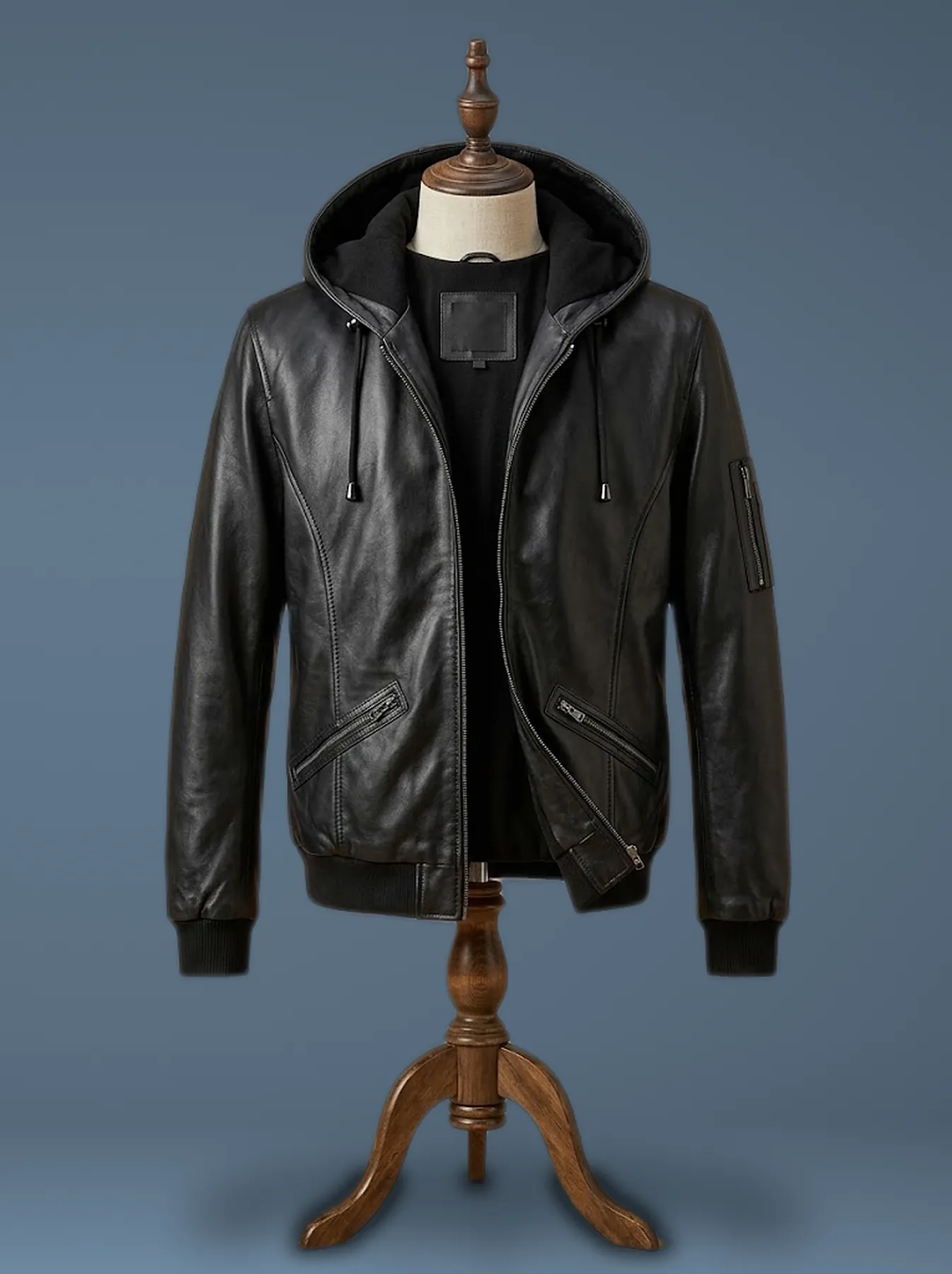biker genuine leather hooded jacket front view